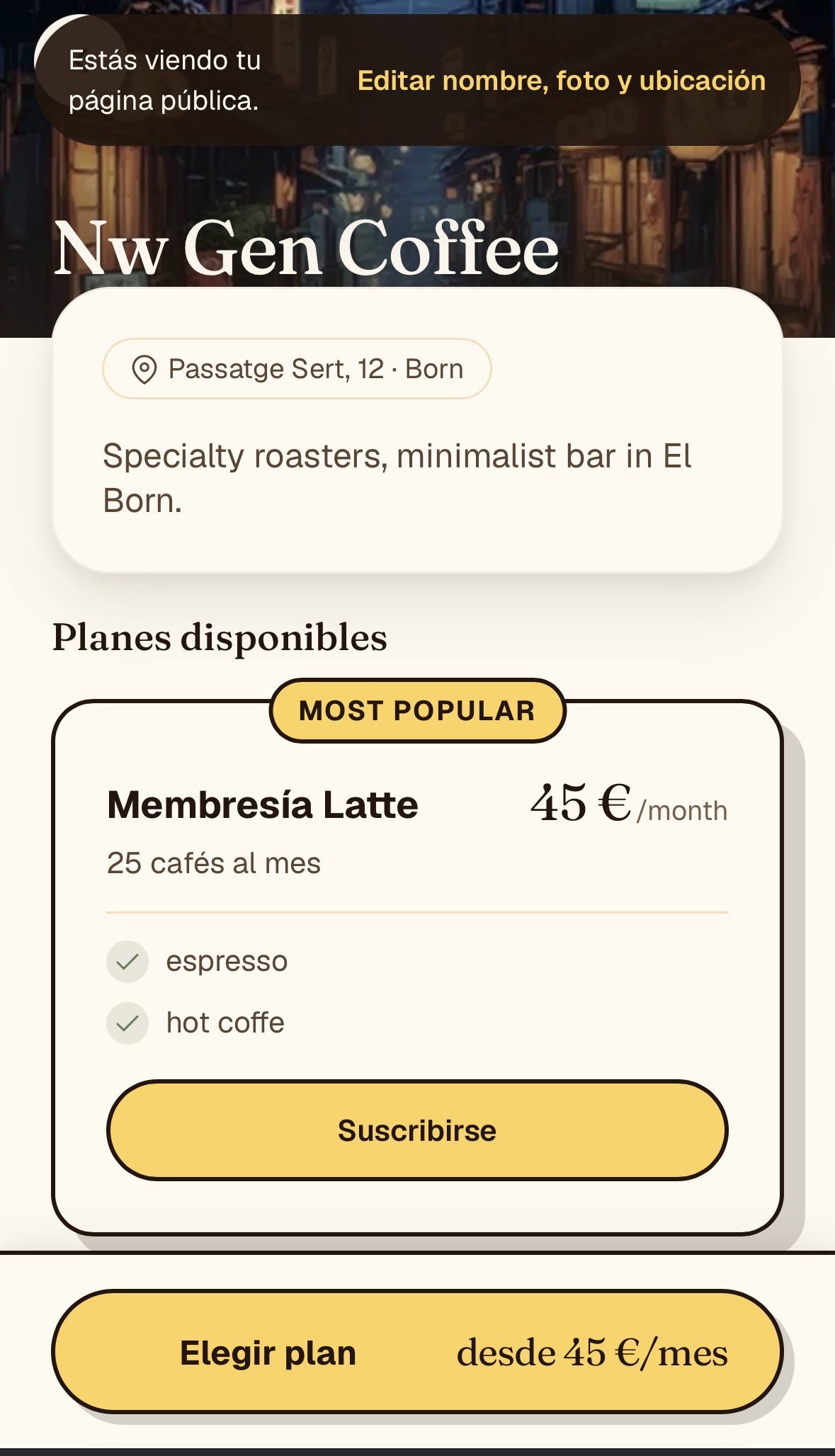 Pantalla de la app con los planes de la cafetería y el botón de suscribirse.
