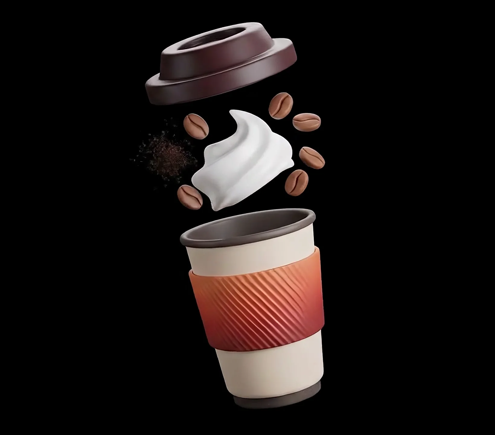 Vaso de café para llevar descomponiéndose en sus partes